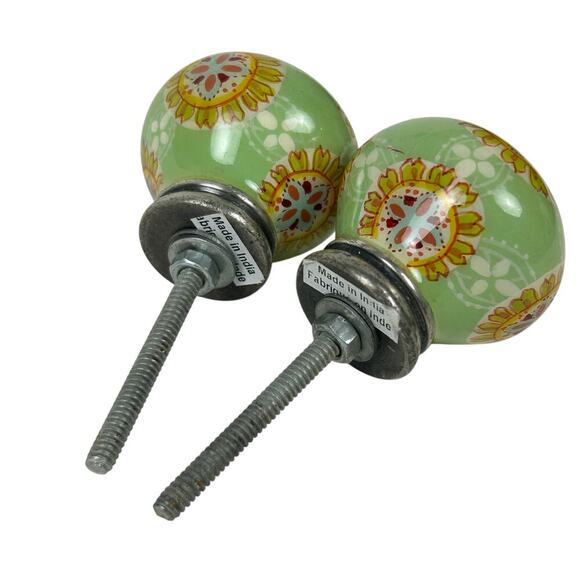 Vintage 70s Ceramic Green Paisley Floral Drawer Pull Knobs - Picture 3 of 4